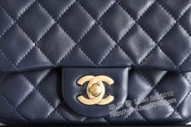 Chanel專櫃秋冬新色金球包方胖子深藍色羊皮口蓋包 香奈兒菱格紋小金球cf鏈條女包 djc5274